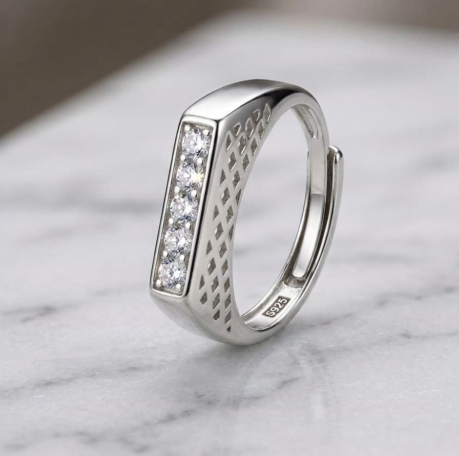 925 Sterling Silver Cz Bar Adjustable Ring Men's Ring